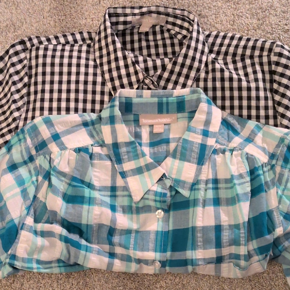 Vintage Woman Within Teal and White Plaid Shirt And Black And White Checkered